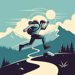 A man with a backpack running on a winding mountain path under a sunny sky, surrounded by trees and peaks.