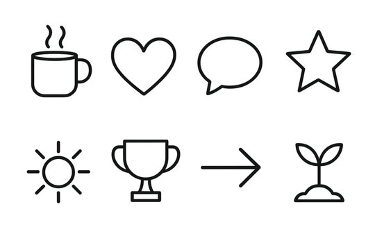 Motivational Icon Set. Daily Motivation Set linear icon set: coffee cup, heart, quote bubble, star, sun, trophy, arrow, plant.