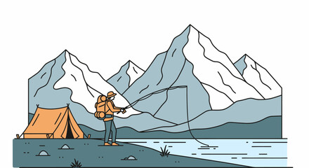 A person fishing by a serene lake with a tent set up, surrounded by majestic snow-capped mountains under a clear sky, illustrating outdoor adventure and camping.