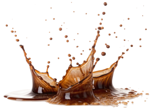 Delicious brown chocolate splash liquid with crown shape and flying drop isolated on transparent background for dynamic food concept
