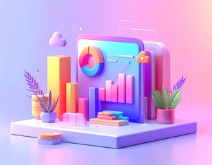 A 3D rendered graphic of financial data represented by charts, graphs, and plant life, on a platform