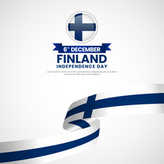 Finland independence day greeting card, square banner background with waving ribbon flag