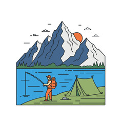 Line art illustration of a person fishing by a lake with a tent and mountains in the background at sunset.