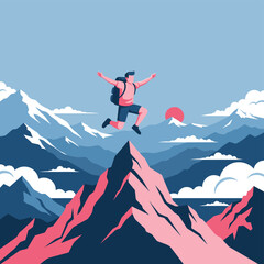 A person with a backpack jumps triumphantly on a mountain peak, celebrating achievement amidst a vast mountain range and a setting sun.