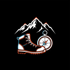 Stylized illustration of a hiking boot, compass, and mountains on a black background, depicting outdoor adventure.