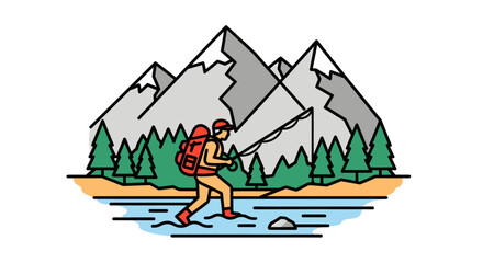 Illustration of a person fishing in a river with mountains and pine trees in the background.