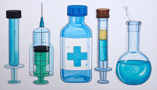 Medical Equipment Illustration - Vials, Syringes, and Flasks for Healthcare.
