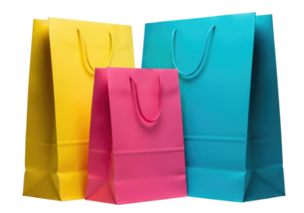 Three colorful shopping bags yellow pink and blue on a black background transparent background cutout png