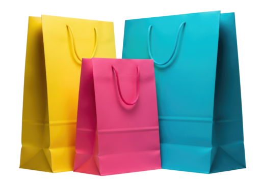 Three colorful shopping bags yellow pink and blue on a black background transparent background cutout png