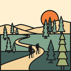 Stylized illustration of two hikers on a winding mountain path with pine trees and a setting sun.