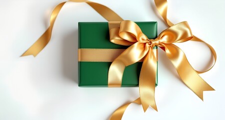 Luxurious green gift box with beautiful goldden ribbon on white background