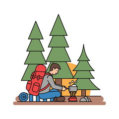 A man camping in a forest, cooking food on a portable stove with a backpack and sleeping mat nearby.