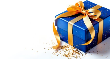 Luxurious Blue gift box with beautiful goldden ribbon on white background