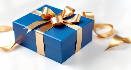 Luxurious Blue gift box with beautiful goldden ribbon on white background