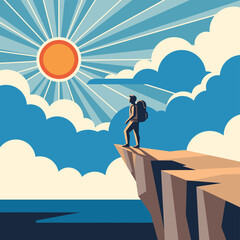 A lone hiker stands on a cliff overlooking the ocean under a radiant sun and blue sky, embodying adventure and exploration.