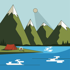Flat design illustration of a serene mountain landscape with a lake, tent, and campfire under a bright sky, depicting outdoor adventure.