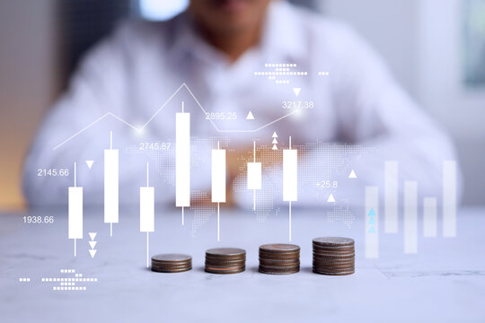 investment concept with a man stack coin in trending graph in stock market currency and finance technology infographic
