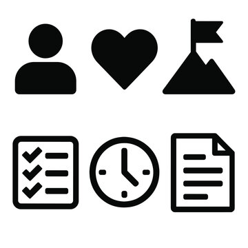 Commitment Icons Set. Personal commitment silhouette icon set: person icon, heart, flag on mountain, checklist, clock, document.