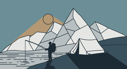 Stylized illustration of a lone person fishing in a mountain lake with a tent and geometric peaks under a setting sun.