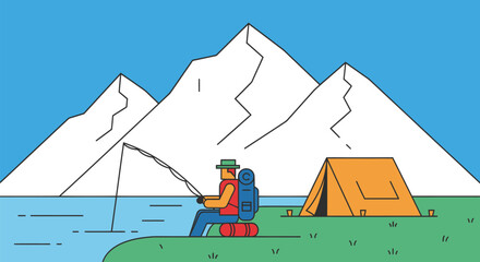 A minimalist illustration of a person fishing by a lake with a tent and snow-capped mountains in the background.
