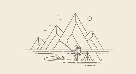 A minimalist line art illustration of a person fishing in a mountain landscape with a tent and birds.
