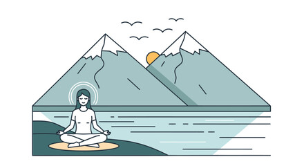 Minimalist illustration of a person meditating by a serene lake with majestic mountains and a rising sun in the background.