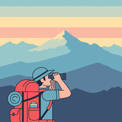 A person with a backpack and hat looking through binoculars at a majestic mountain range under a colorful sky.
