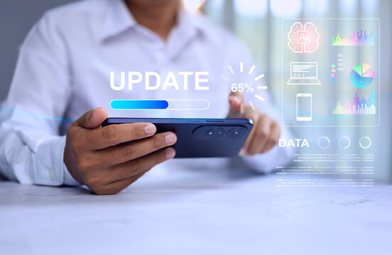 data and software update concept with a man in white using smartphone to information updating on cloud computing system