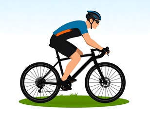 Obraz premium A cyclist rides a road bike across a grassy patch, wearing a helmet, sunglasses, and cycling gear. The background is a gradient sky