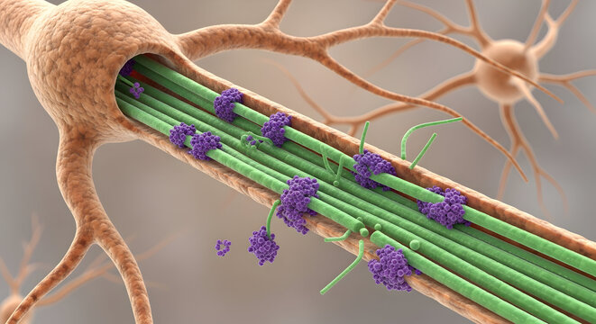 Neuron illustration showing tau protein aggregation affecting microtubules 29477633 1