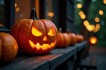 Fototapeta premium Intricate carved pumpkins, flickering candlelight, and warm string lights on weathered wood , background, shadow, rustic