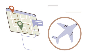 Navigation map with route, location markers, chat bubble, and airplane. Ideal for travel, logistics, planning, transportation, tourism GPS guidance and scheduling visuals in simple flat metaphor