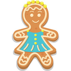 Gingerbread Woman Cookie With Blue Dress and Yellow Beads Headband Cute Festive Treat Isolated on White Background Sweet Baked Goodness