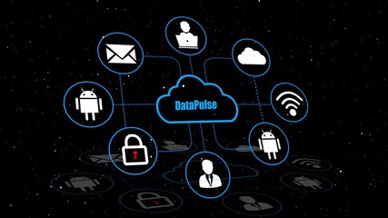 Advanced cloud DataPulse system with secure network connection, data protection, encryption process, file sharing, digital storage, and online synchronization technology - Powered by Adobe