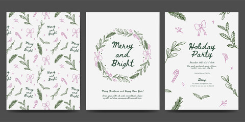 Christmas card design with branch, ribbon bow, wreath, garland botanical frame. Minimalist line art style perfect for cards, greeting, invitation, poster or cover. 
