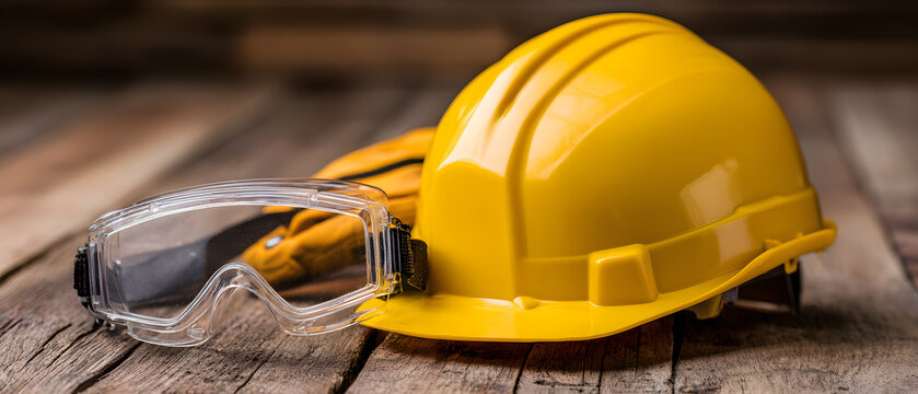 Safety gear including yellow hard hat, protective goggles, and gloves on wooden surface