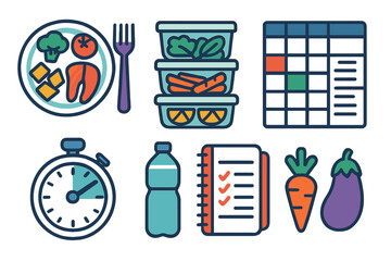 Vibrant Meal Planning Icons. Meal Planning flat icons: organized plate, food prep boxes, weekly meal chart, grocery checklist, recipe notebook, clock timer, water bottle, veggie