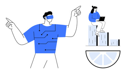 Man wearing VR headset interacting with circuits, woman working on laptop atop bar graphs on a segmented pie. Ideal for technology, innovation, growth, analytics, teamwork, virtual reality