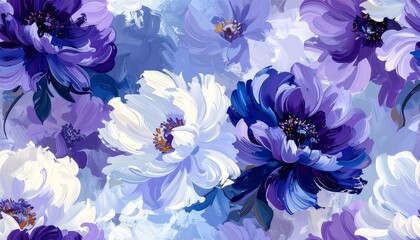 Painted floral pattern featuring large, impressionistic blooms in varying shades of purple and white, on a blue background
