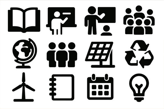 Decarbonization Education Icons. Educational Decarbonization silhouette icon set: open book, chalkboard, teacher icon, classroom, globe, student group, solar panel, recycling