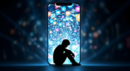 Silhouette of a person trapped inside a giant smartphone screen symbolizing digital addiction 19887577 1