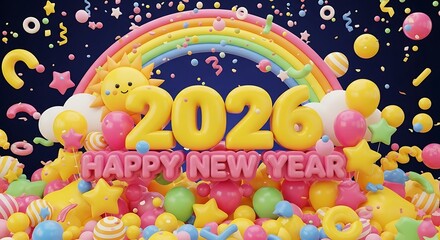 Celebratory new year scene with rainbow and colorful balloons