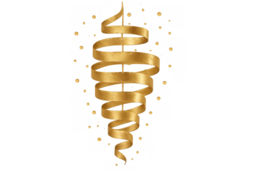 Golden confetti streamer spiral ribbon forming a festive party celebration decoration on transparent background