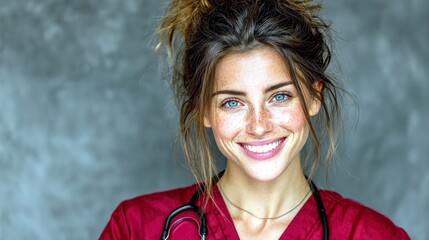 A smiling young female doctor with striking blue eyes and freckles, wearing a maroon scrub top and a stethoscope around her neck.