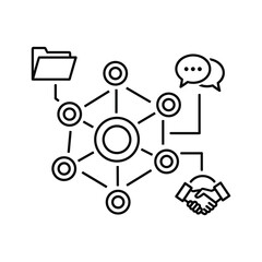 Network diagram with folder, chat, and handshake icons
