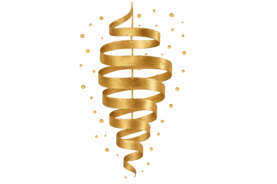 Golden confetti streamer spiral ribbon forming a festive party celebration decoration on transparent background - Powered by Adobe