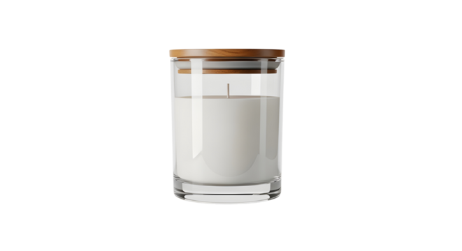 Luxury clear glass scented jar candle with natural bamboo lid for product mockup isolated PNG with Transparent Background