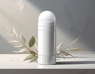 A cylindrical, white cosmetic product on a white surface, adorned with leaves. Soft lighting creates depth and shadows