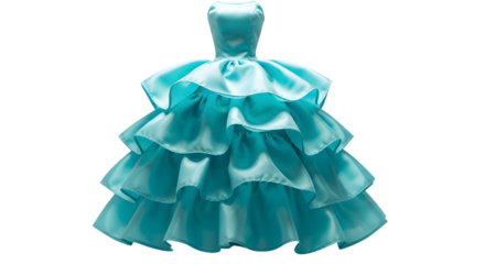 Luxurious turquoise strapless formal ball gown with dramatic tiered ruffle skirt design. isolated PNG with Transparent Background
