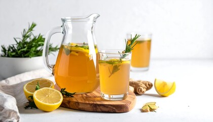 Fototapeta premium Refreshing golden drink in pitcher and glasses, garnished with herb and citrus, on wood and white surface